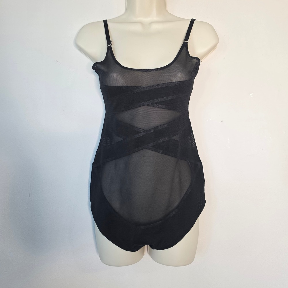 Bebe Faja Bodysuit Small Black Mesh Sheer Bandage Wrap Adjustable Straps Sexy